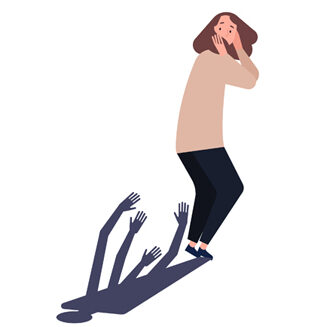 a colored drawing of a woman being followed by shadow of trauma