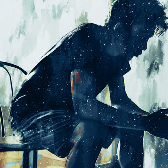 Digital,Painting,Of,Sad,Man,Thinking,Something,In,Bed,Room,